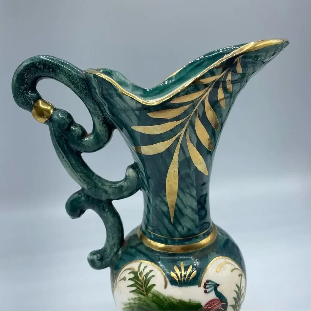 Vintage Hand Painted Peacock Ornate Vase Decor Green Teal Gold Porcelain